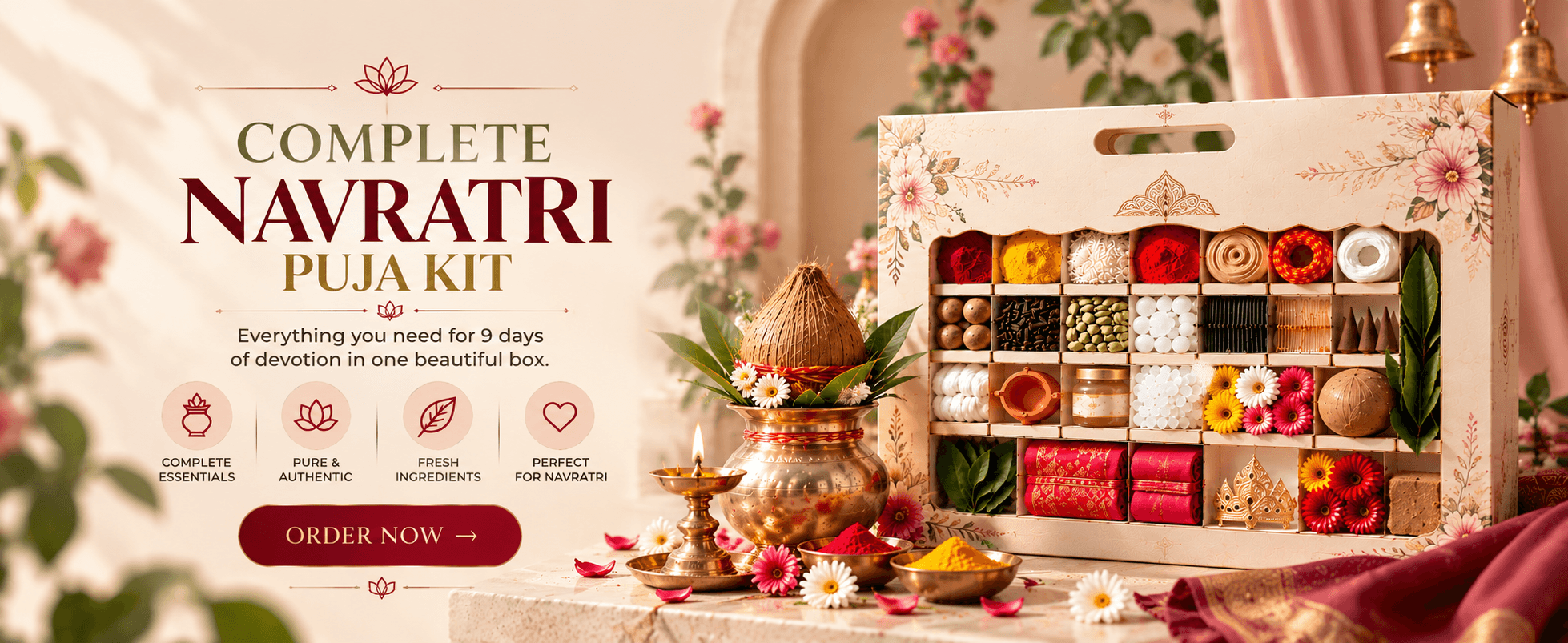 BHORKIT Complete Navratri Puja Kit — everything for 9 days of devotion in one box, with kalash, diya and flowers